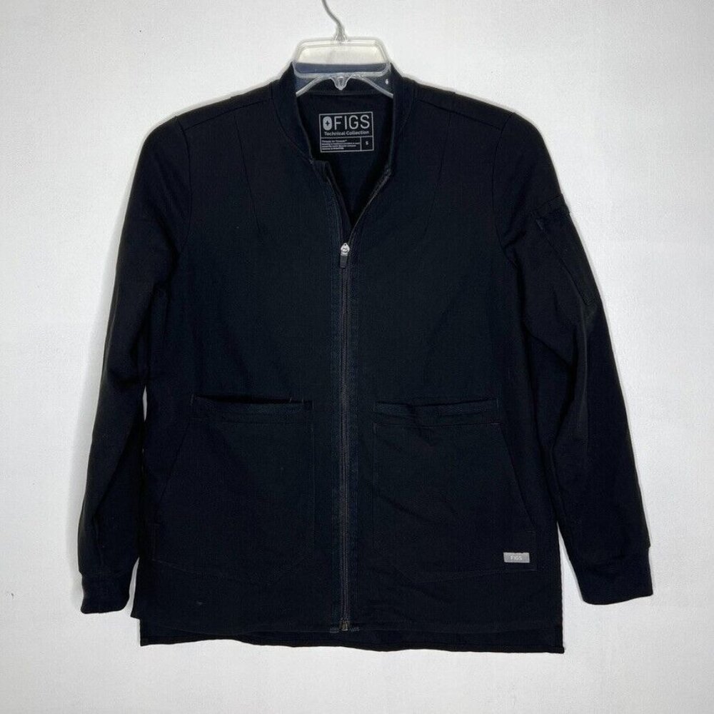 FIGS Women's Small Black Technical Scrub Jacket Full Zip Stretch Utility Pockets